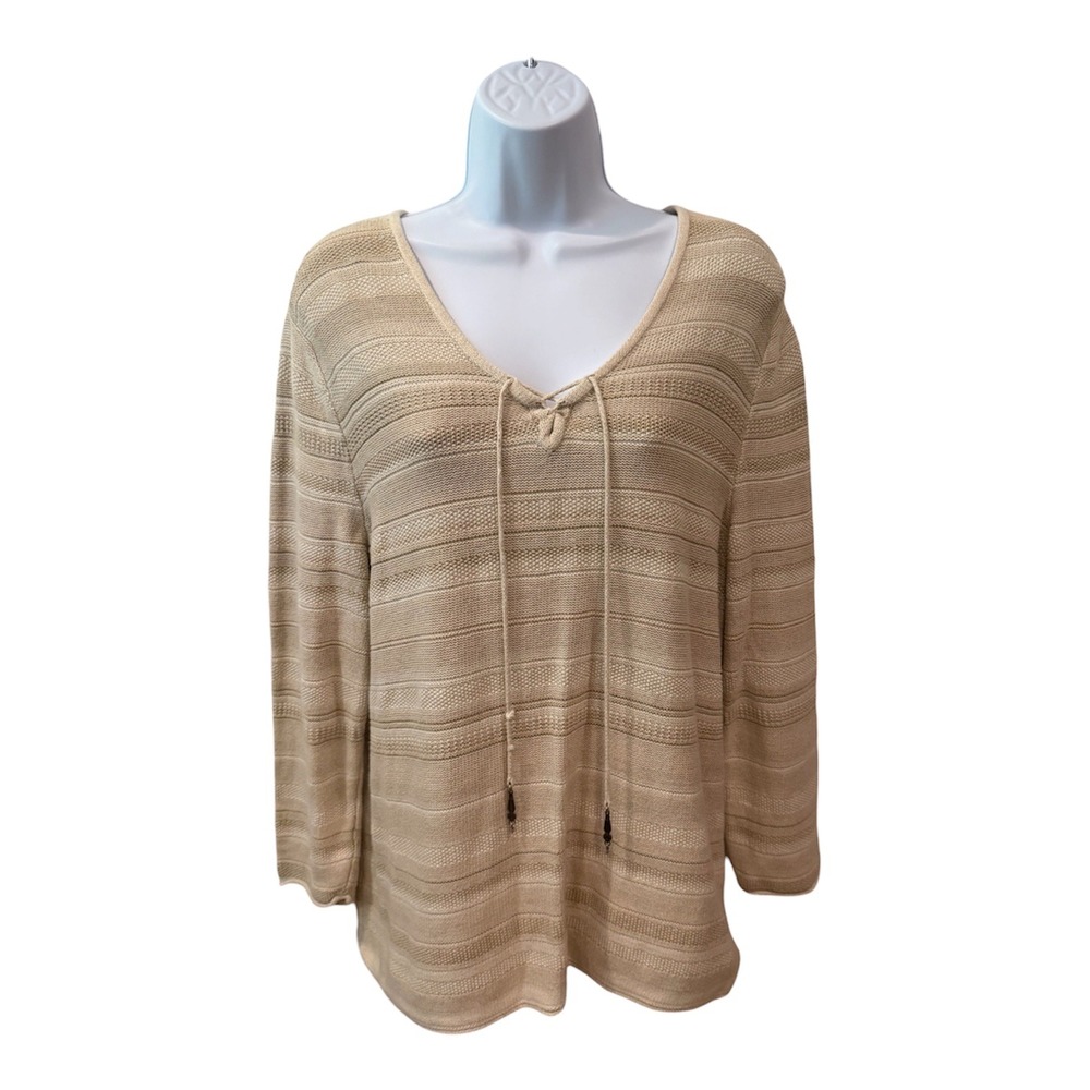 Lauren Ralph Lauren Striped‎ Lace Up V-Neck Cotton Knit Sweater Beige Tan XL